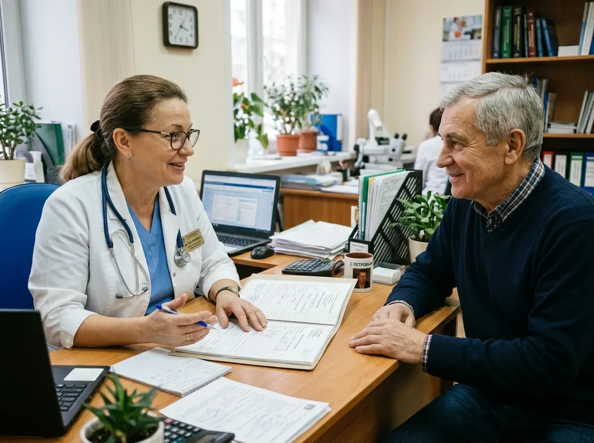 врач и пациент за столом, медицинская документация, спокойный профессиональный разговор